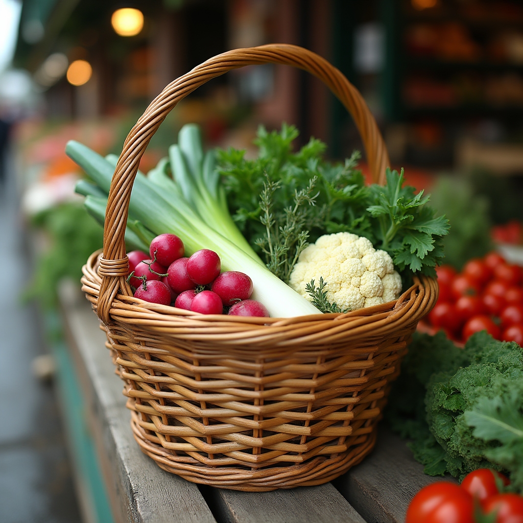 Panier en osier rempli de légumes frais achetés au marché local