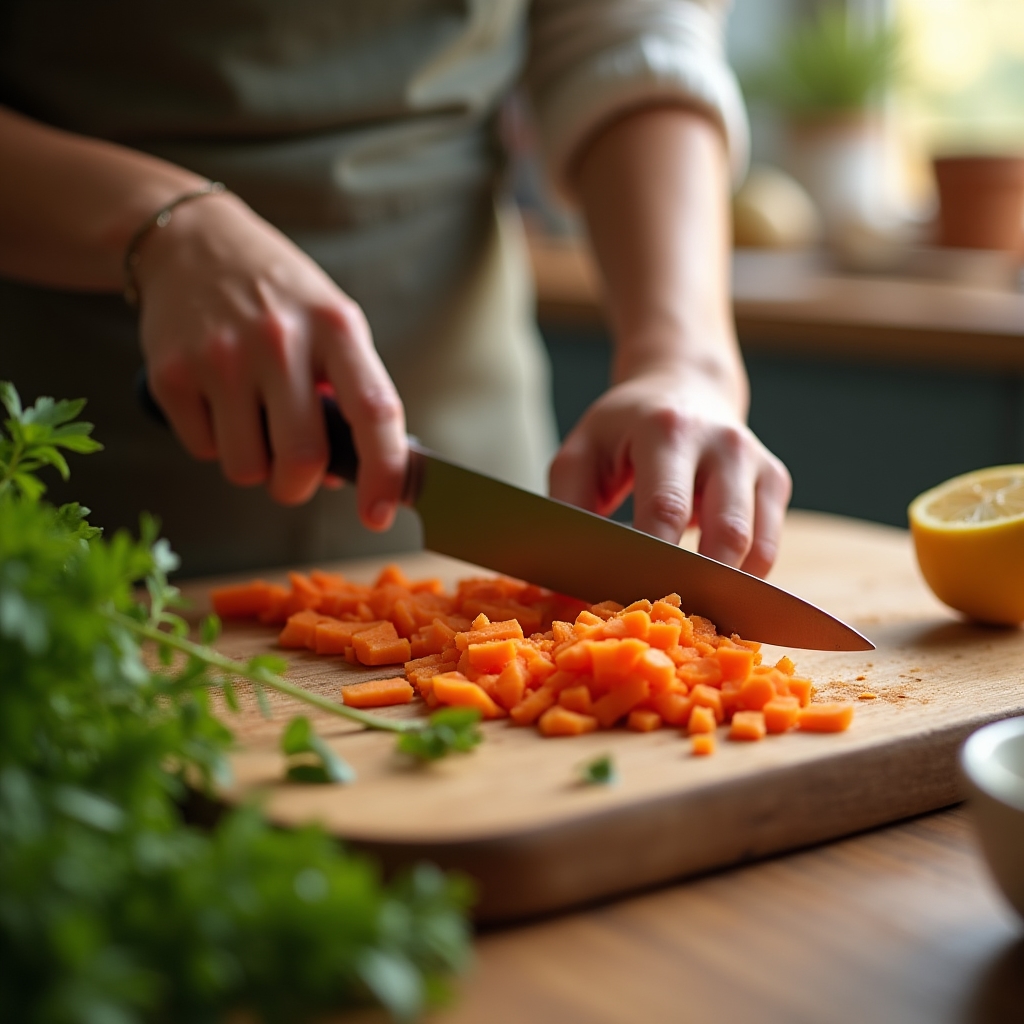 Mains préparant des légumes sur une planche à découper en bois