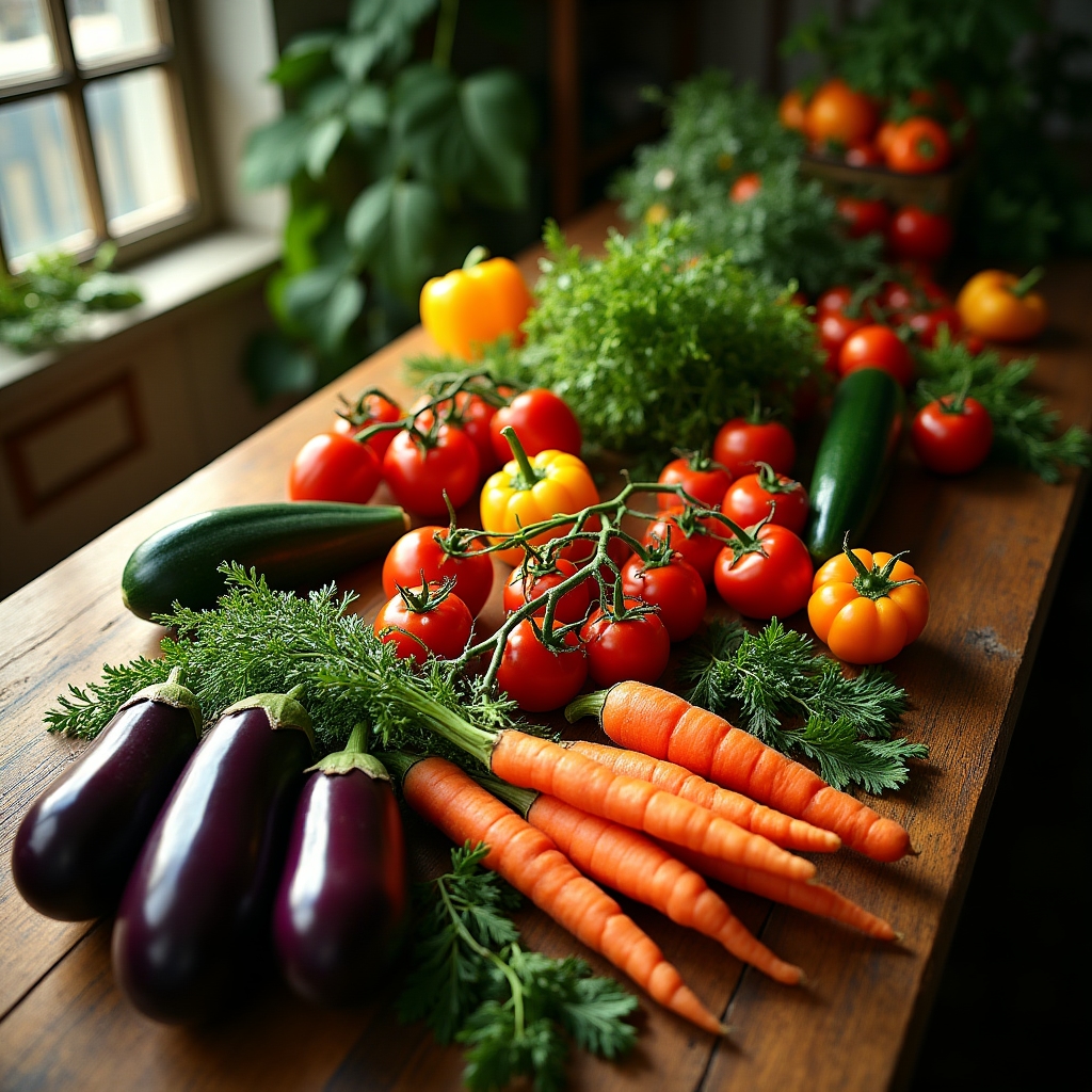Légumes frais colorés sur une table en bois