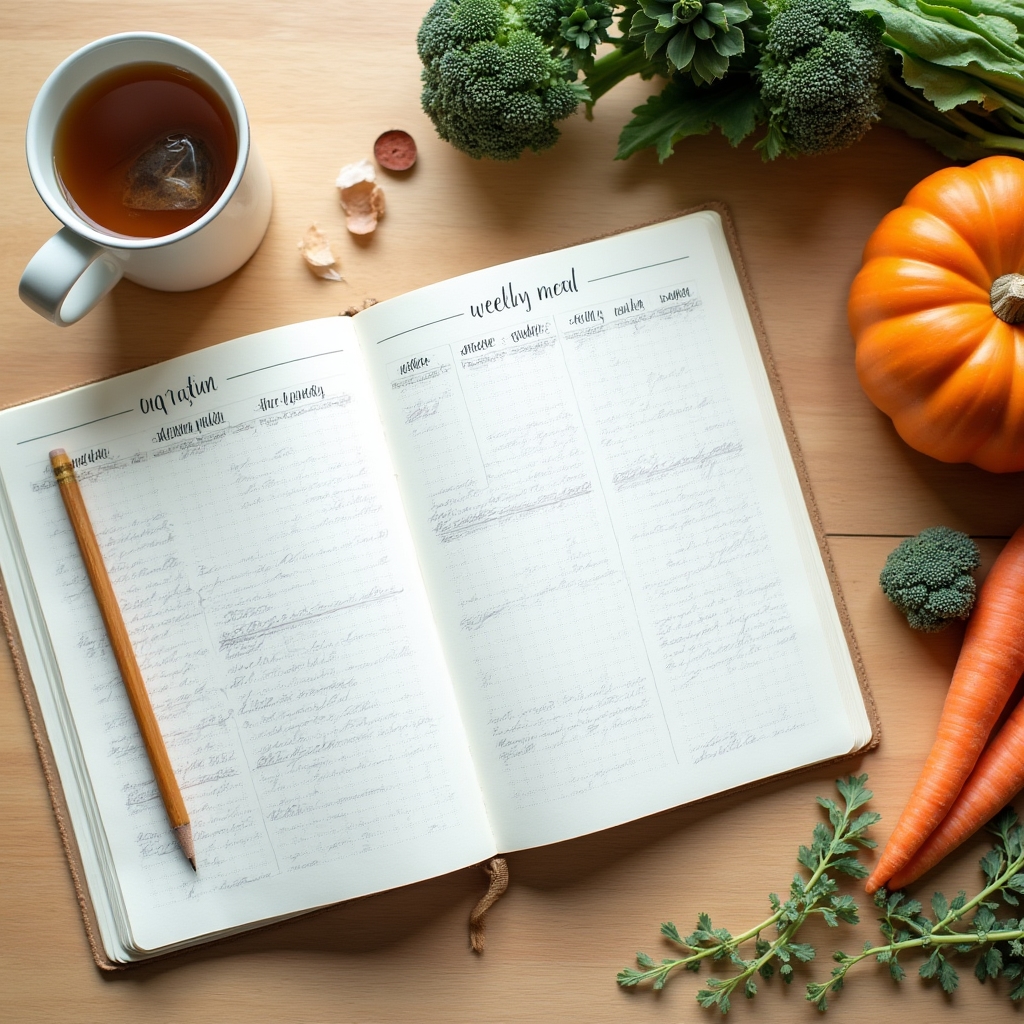 Table avec des légumes de saison variés et un carnet de planification