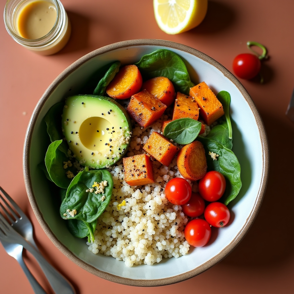 Bowl de quinoa avec légumes rôtis et sauce tahini dans une assiette creuse