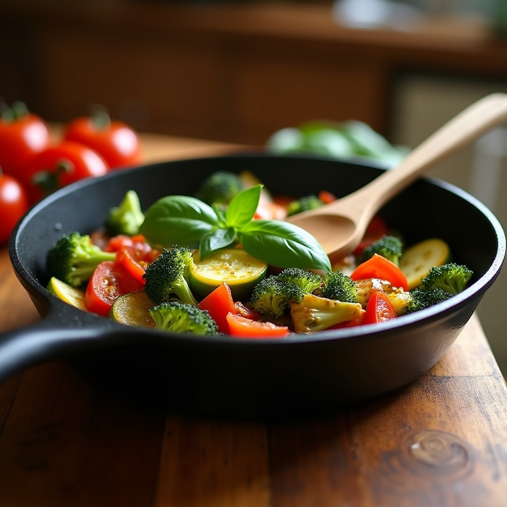 Poêlée de légumes colorés avec herbes fraîches dans une grande poêle en fonte