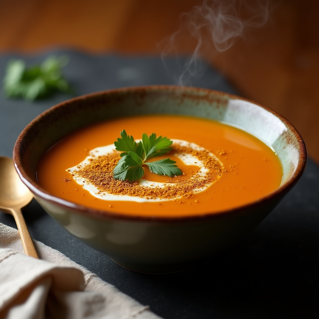 Soupe de lentilles corail aux épices dans un bol en céramique